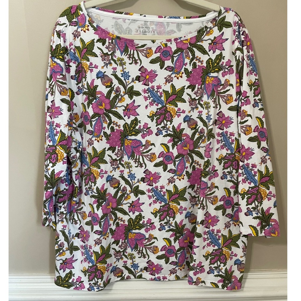 Talbots Tee Womens 3X Floral Boat Neck 3/4 Sleeve Cotton Blend Top Multi
